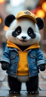 Cute panda wearing yellow hoodie and denim jacket in city setting.