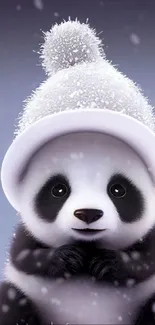 Cute panda cub wearing a fluffy winter hat in a snowy setting.