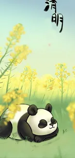 Cartoon panda resting in a yellow flower field under soft light.