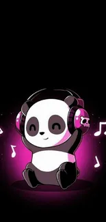 Cute panda with headphones and music notes on a pink background.