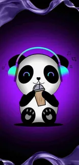 Cute panda wearing headphones with a purple glow background.