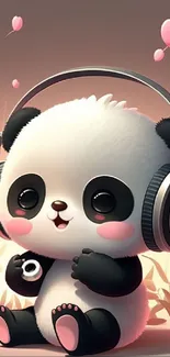 Cute panda with headphones and pink hearts mobile wallpaper.