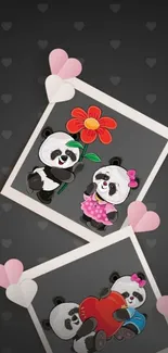 Cute panda love wallpaper with hearts and flowers.