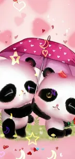 Cute pandas under a pink heart umbrella background