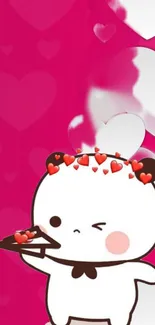 Cute panda with hearts on pink background wallpaper.