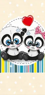 Cute panda couple with heart, beige polka dot background.