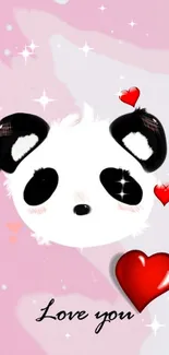 Cute fluffy panda with hearts on pink background wallpaper.