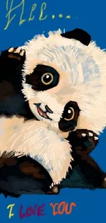 Cute panda with colorful love message on blue background.