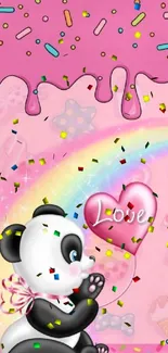 Cute panda with love balloon on pink background.