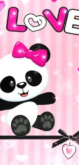 Cute pink panda wallpaper with hearts and love text.