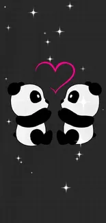 Two cute pandas with a pink heart on a dark gray background wallpaper.