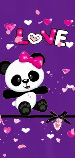 Cute panda wallpaper with hearts and purple background.