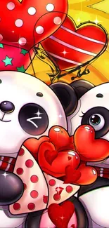 Cute pandas with heart balloons on a yellow background.