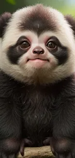 Adorable fluffy panda sitting on a branch with a charming smile.