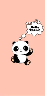 Cute panda on peach background with greeting bubble.