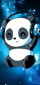 Cute cartoon panda with headphones on blue background.