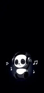 Cute panda with headphones and music notes in black background wallpaper.