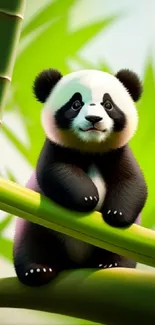 Adorable panda perched among bamboo stalks in a lush green background.