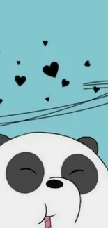 Cute cartoon panda with floating hearts on light blue background.