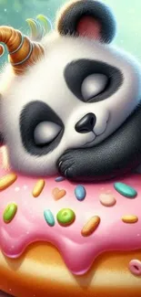 Adorable cartoon panda sleeping on a pink donut with sprinkles.