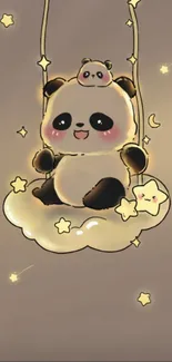 Cute panda sitting on a cloud with stars in a dreamy scene.