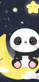 Cute panda resting on a crescent moon under the night sky.