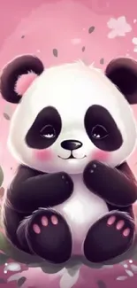 Adorable cartoon panda on a pink floral background.