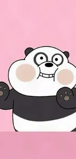 Cartoon panda waving on a pink background.