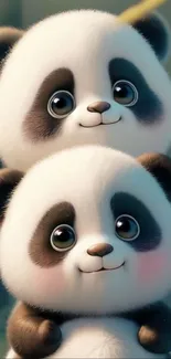 Cute cartoon pandas stacked in a cheerful wallpaper.