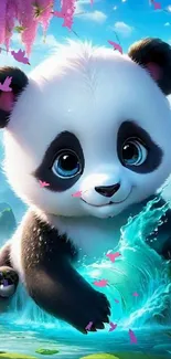 Cute panda in a vibrant fantasy setting with nature.