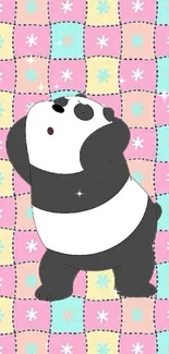 Cute panda cartoon on pastel patchwork wallpaper.