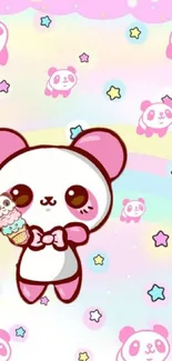 Cute panda holding ice cream on pastel rainbow background.