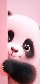 Cute cartoon panda peeking on pink background wallpaper.