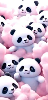 Adorable panda bears nestled in pink fluffy clouds wallpaper.