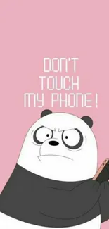 Cute panda with phone on pink wallpaper.