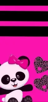 Cute panda with pink bow and hearts on a pink background.