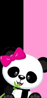 Cute panda with pink bow on pink and black background wallpaper.