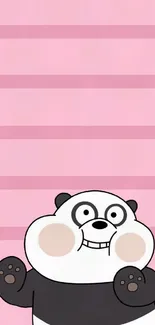 Cartoon panda on light pink striped background wallpaper.