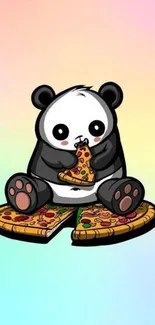 Cartoon panda eating pizza with pastel background.