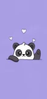 Cute purple panda wallpaper with floating hearts.