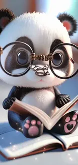 Cute panda with glasses reading a book.