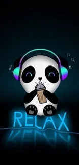 Cute panda with headphones and drink on a relaxing mobile wallpaper.