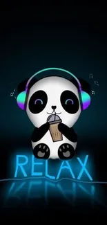 Cute panda wearing headphones with neon relax sign.