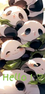 Adorable stack of pandas with bamboo and 'Hello!' text.