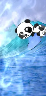 Cute pandas surfing a vibrant blue wave.