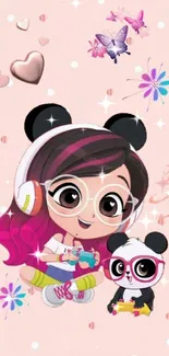 Cartoon girl with panda ears on a pink background, surrounded by decorative elements.