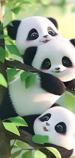 Adorable trio of panda cubs climbing a green tree in a cute wallpaper setting.