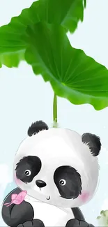 Cute panda sitting under a large green leaf in a cartoon style.