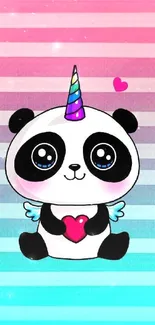 Cartoon panda unicorn with rainbow horn and hearts on colorful stripes.