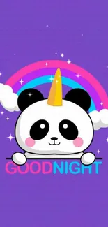 Cartoon panda with unicorn horn and rainbow on purple background.